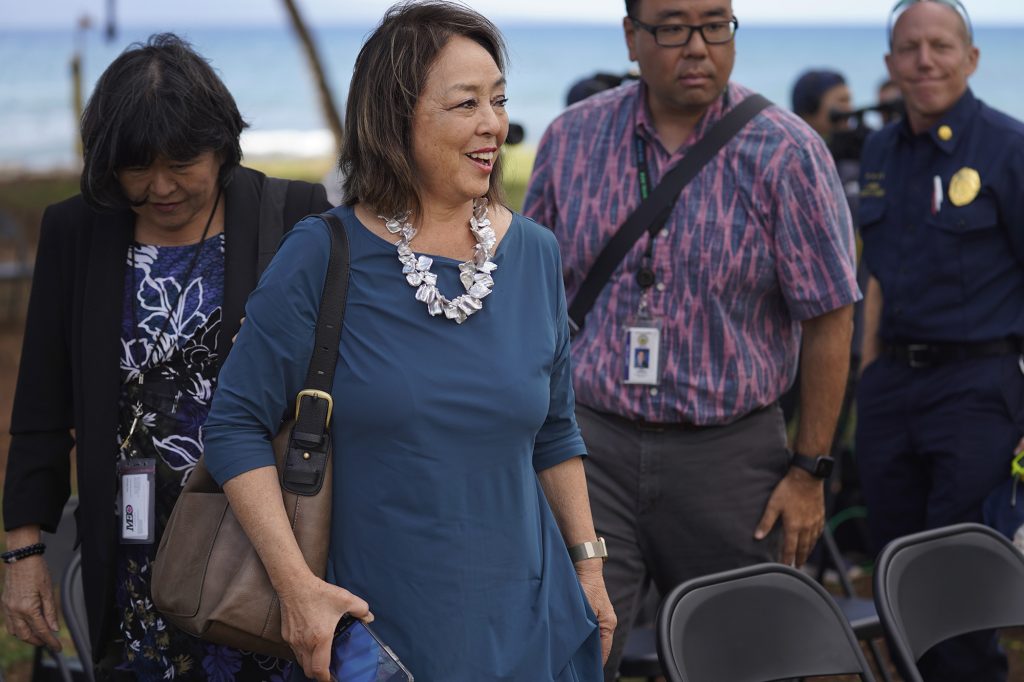 Maui County Council member vice-chair Yuki Lei Sugimura is photographed on Wednesday, Feb. 21, 2024, in Lahaina. (Kevin Fujii/Civil Beat/2024)