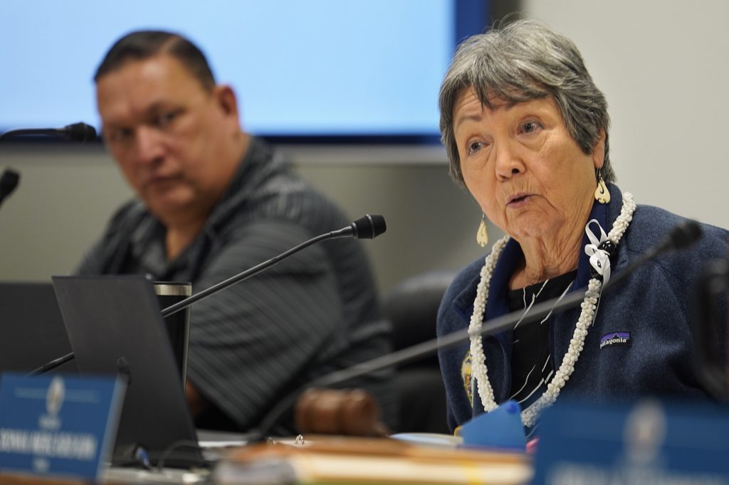 The Senate committee on higher education committee Vice Chair Michelle Kidani asks Lauren Akitake a question during her confirmation hearing for University of Hawaii Board of Regents Tuesday, Feb. 27, 2024, in Honolulu. (Kevin Fujii/Civil Beat/2024)