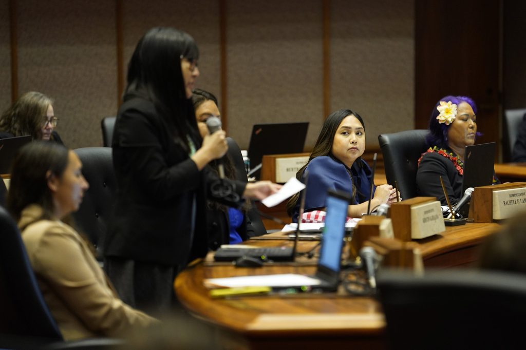 Rep. Rachele Lamosao listens to comments during the House of Representatives discussion on state budget HB1800 HD1 Wednesday, March 13, 2024, in Honolulu. The House of Representatives voted to pass its third reading to cross over to the senate. (Kevin Fujii/Civil Beat/2024)
