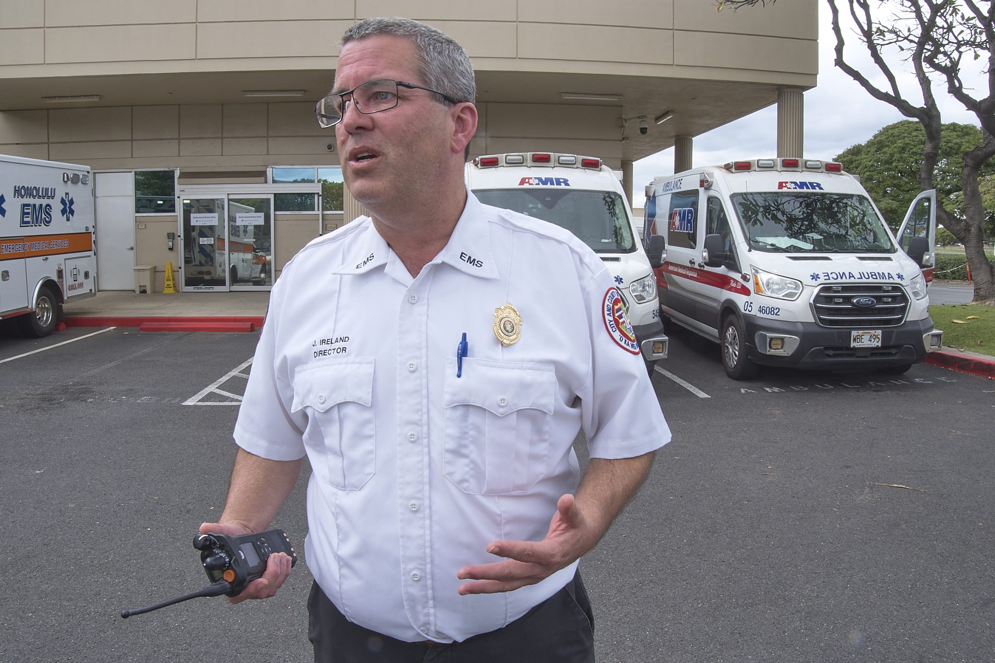 City & County EMS Director Dr. Jim Ireland fields questions from Civil Beat’s Ben Angarone during an EMS ridealong March 18th, 2024. (David Croxford/Civil Beat/2024)