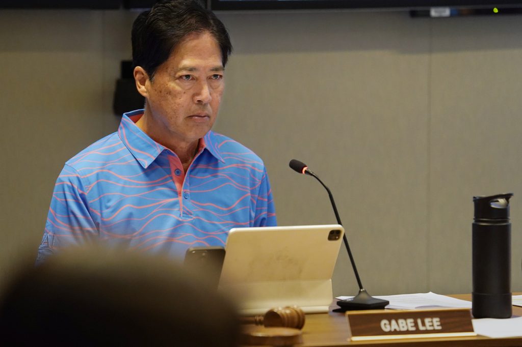 The University of Hawaii Board of Regents Interim Chair Gabe Lee listens to a speaker during the Board of Regents meeting Thursday, March 21, 2024, in Honolulu. On the agenda was electing officers after former Chair Alapaki Nahale-a was not re-confirmed by the state Senate. (Kevin Fujii/Civil Beat/2024)