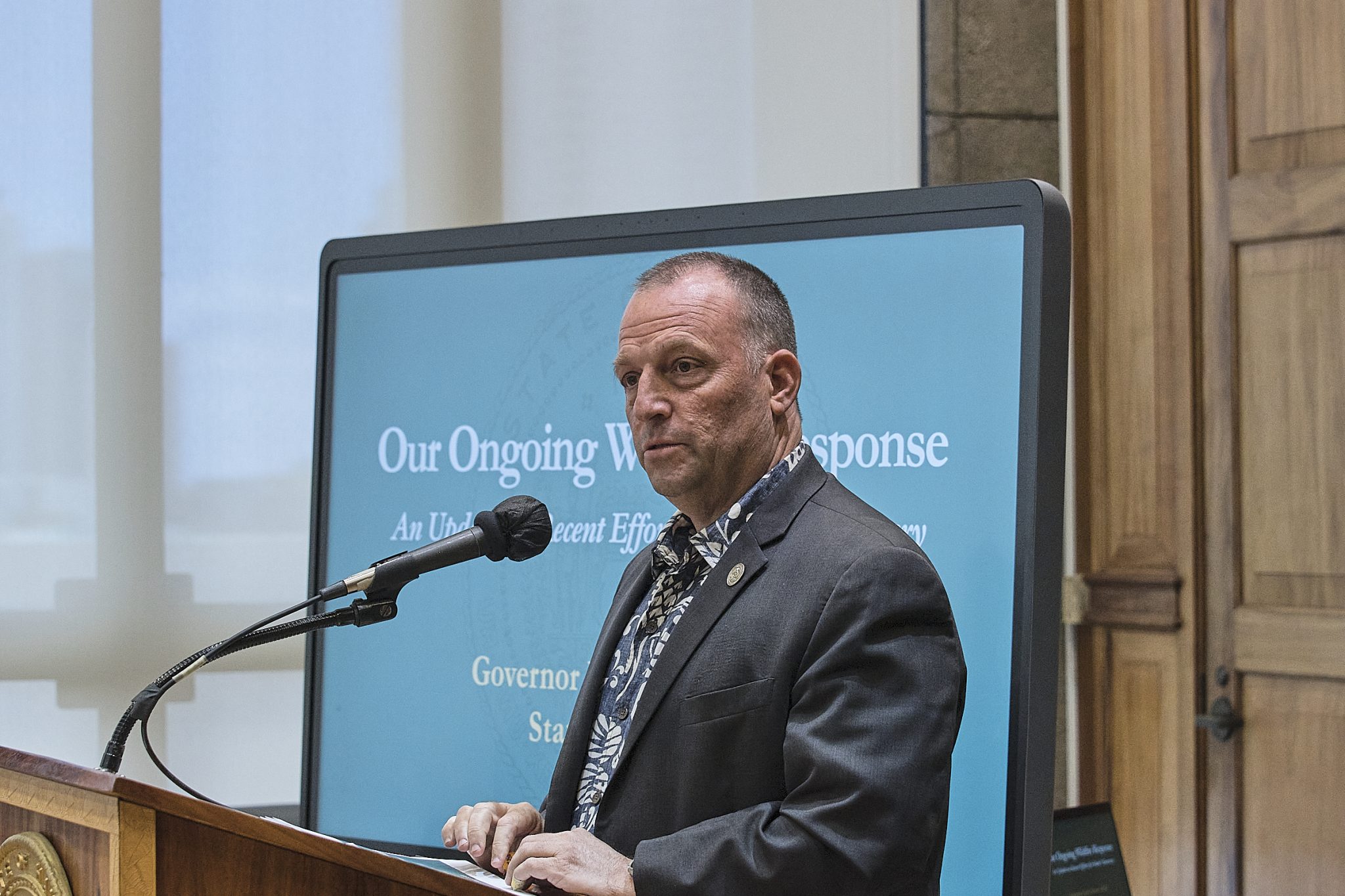 Hawaii Governor Dr. Josh Green speaks at a press conference updating the Maui Fire housing situation at the Office of the Governor Wednesday March 27th, 2024.(David Croxford/Civil Beat/2024)