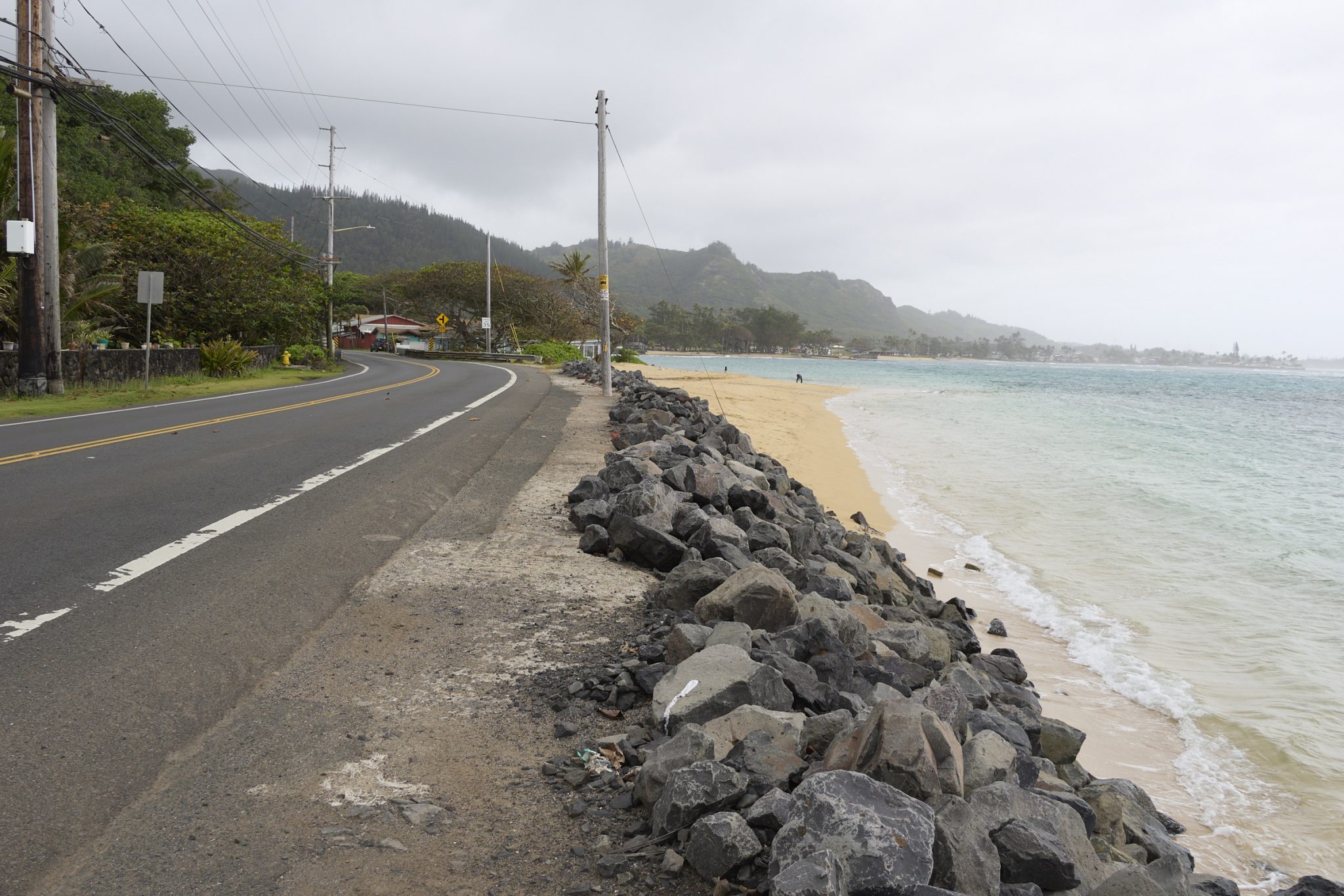 Kamehameha Highway from Kualoa Ranch to Hauula runs along some of the most scenic coastland areas on O’ahu, But these same coastland roads are often subjected to treacherous weather that has caused much  roadway damage along its exposed sections. (David Croxford/Civil Beat/2024)