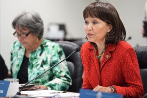 Senate committee on higher education chair Donna Kim questions Michael Miyahira during his confirmation hearing  to the University of Hawaii board of regents Tuesday, April 16, 2024, in Honolulu. (Kevin Fujii/Civil Beat/2024)