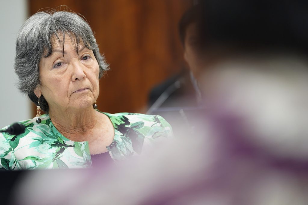 Senate committee on higher education vice chair Sen. Michelle Kidani listens to Michael Miyahira during his confirmation hearing to the University of Hawaii board of regents Tuesday, April 16, 2024, in Honolulu. (Kevin Fujii/Civil Beat/2024)