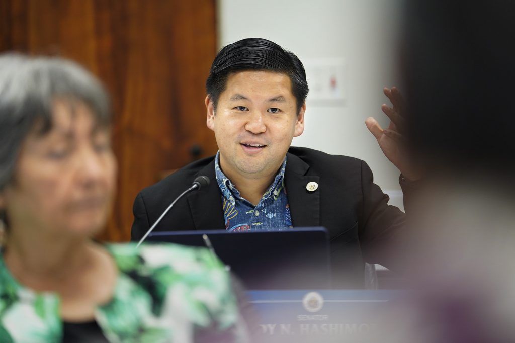Senate committee on higher education member Sen. Troy Hashimoto asks Michael Miyahira a question during his confirmation hearing to the University of Hawaii board of regents Tuesday, April 16, 2024, in Honolulu. (Kevin Fujii/Civil Beat/2024)