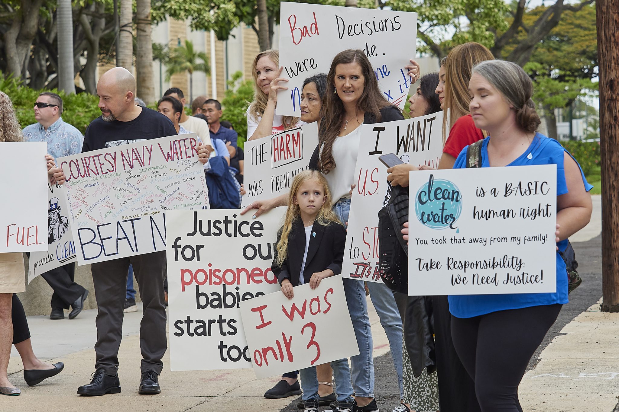 Victims of the fuel leak at the US Navy’s Red Hill facility showed up en masse at the Prince Jonah Kuhio Kalanianaole federal building and US Courthouse to support efforts to reach settlement in the lawsuit against the US as the case began April 29th, 2024. (David Croxford/Civil Beat/2024)