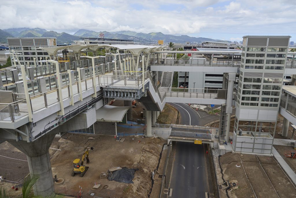 A View of the HART Rail project progress at the Daniel K Inouye International Airport. This location is one of the locations that should have been completed by February 2024 but still shows signs of needing more work before it is completed. (David Croxford/Civil Beat/2024)