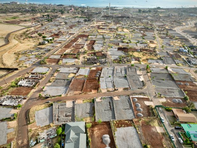 Hundreds of homes in Lahaina have been cleared of fire-related debris and are being prepared for rebuilding. (Nathan Eagle/Civil Beat/2024)