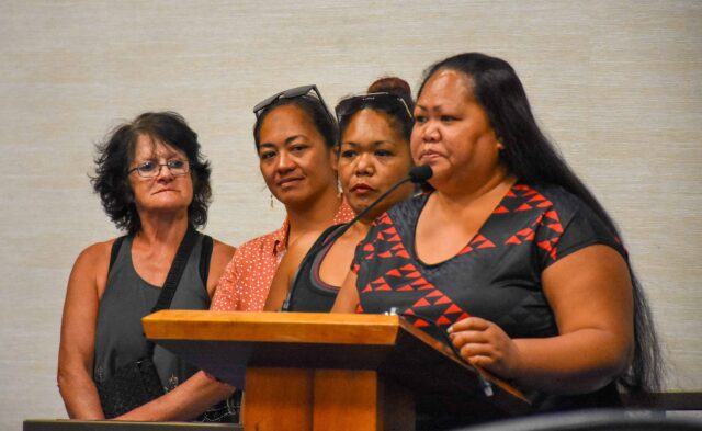 Left to right: Tracy Shaffer, Uikihokulani Yasso, Tania Kawaakoa and outreach coordinator Mōʻī Kawaakoa testify at a County Council committee meeting to provide a message that the county should work to help the homeless people living on Holomua Road instead of passing an ordinance that could result in kicking them out with no place to go. (Cammy Clark/Civil Beat/2024)