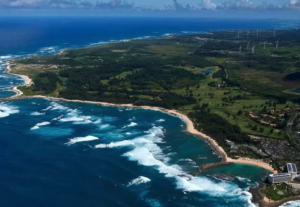 An aerial view of land parcels between the Turtle Bay Resort and Marconi Point on Oahu's North Shore. 65 acres changed hands in April 2024 in a separate deal to the sale of the resort.