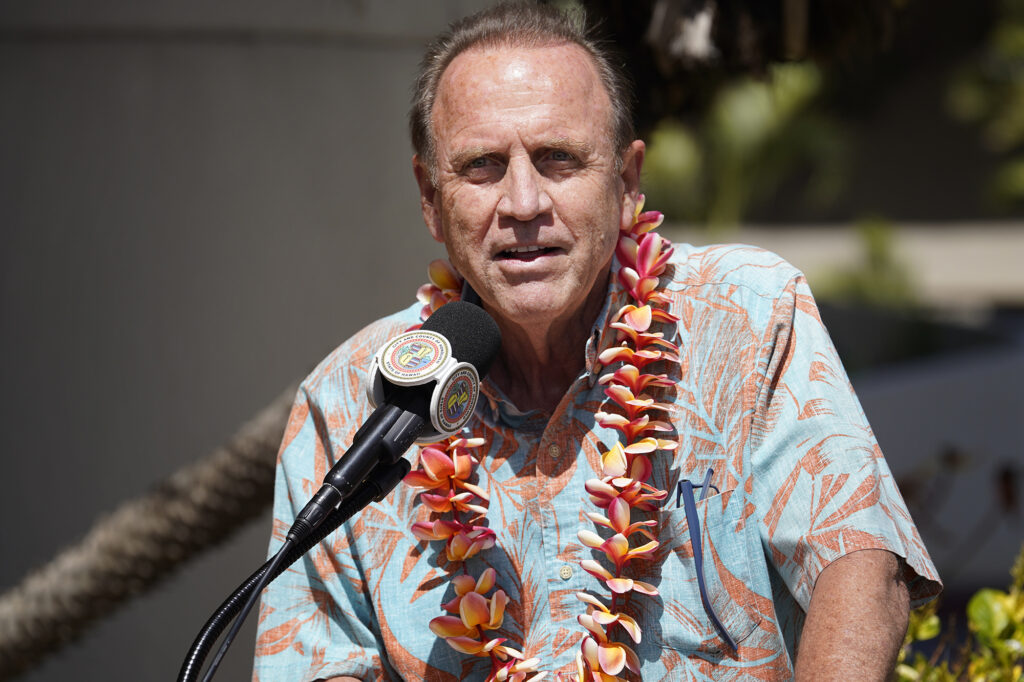 Department of Community Services Director Anton Krucky speaks during a press conference about new affordable housing and beds to help alleviate the homeless issue at Waikiki Vista on Friday, July 5, 2024, in Honolulu. The 19-story building will house an emergency shelter, transitional family housing and studio apartments. (Kevin Fujii/Civil Beat/2024)