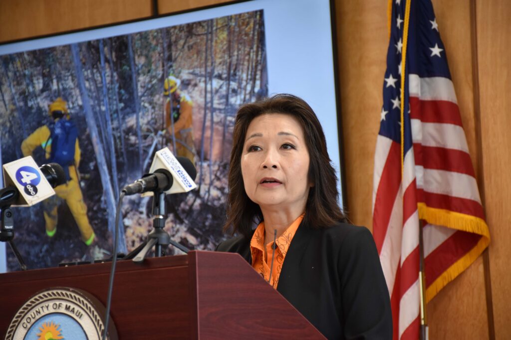 With the height of fire season approaching in Hawaii, Lt. Gov. Sylvia Luke emphasizes preparedness during a press conference to update residents about the Crater Road Fire on Haleakala on Maui. (Cammy Clark/Civil Beat/2024)