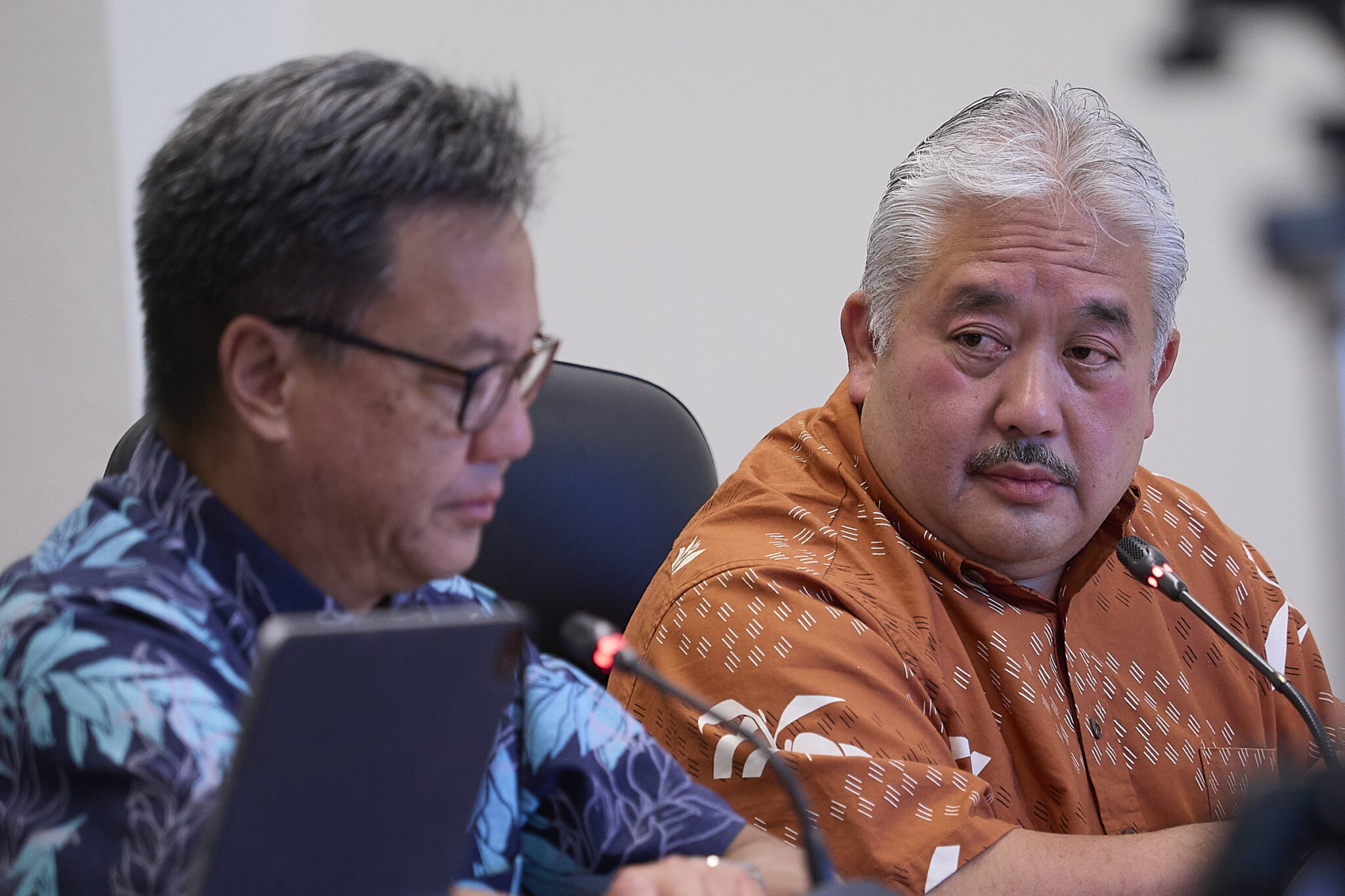 Hawaii State Board of Education approved unanimously the HIDOEÕs request to close Lahaina schools on the anniversary date of the 2023 wild fire. Superintendent Keith Hayashi during the discussion, which was the only agenda item discussed. Chats with Board Member Wesley Lo (David Croxford/Civil Beat/2024)