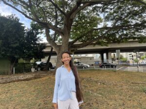 Social worker Amanda Kirby at Piikoi Street Mini Park in Makiki.
