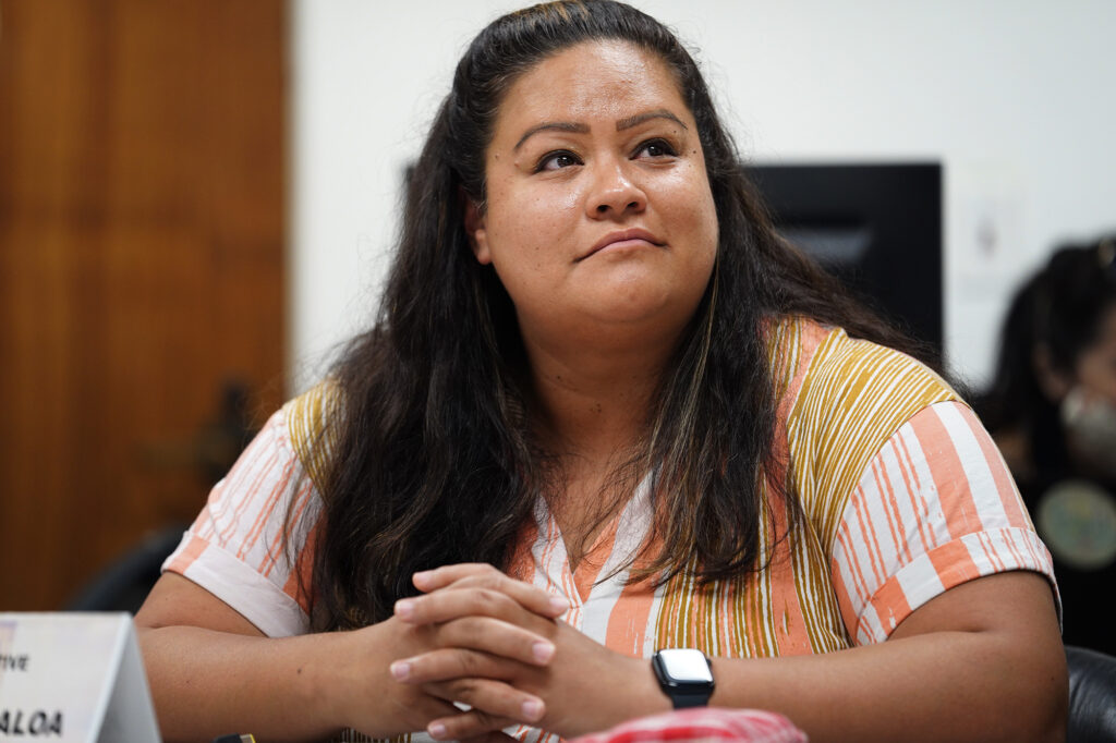 Hawaii state House of Representatives Committee on Education member Kirstin Kahaloa listesn during a special Informational Briefing on Thursday, Aug. 15, 2024, in Honolulu. The hearing outside of regular session is to learn about the bus-driver shortage and informing parents with only three days before school began. (Kevin Fujii/Civil Beat/2024)