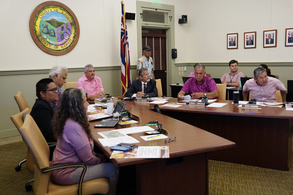 The Kauai County Council meets Wednesday, Oct. 9, 2024, in Lihue. In attendance, council members Addison Bulosan, from left, Vice Chair KipuKai Kuali’i, Felicia Bowden, Chair Mel Rapozo, Bill DeCosta, Bernard Carvalho, Jr., and Ross Kagawa. (Kevin Fujii/Civil Beat/2024)