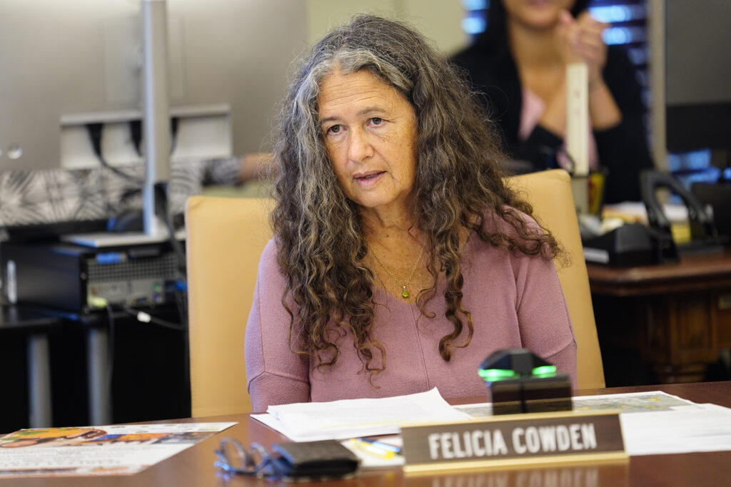 Kauai County Council member Felicia Cowden speaks during their meeting Wednesday, Oct. 9, 2024, in Lihue. (Kevin Fujii/Civil Beat/2024)