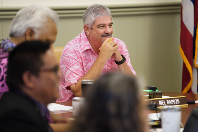 Kauai Council Chair Mel Rapozo listens to those being honored with a proclamation Wednesday, Oct. 9, 2024, in Lihue. (Kevin Fujii/Civil Beat/2024)