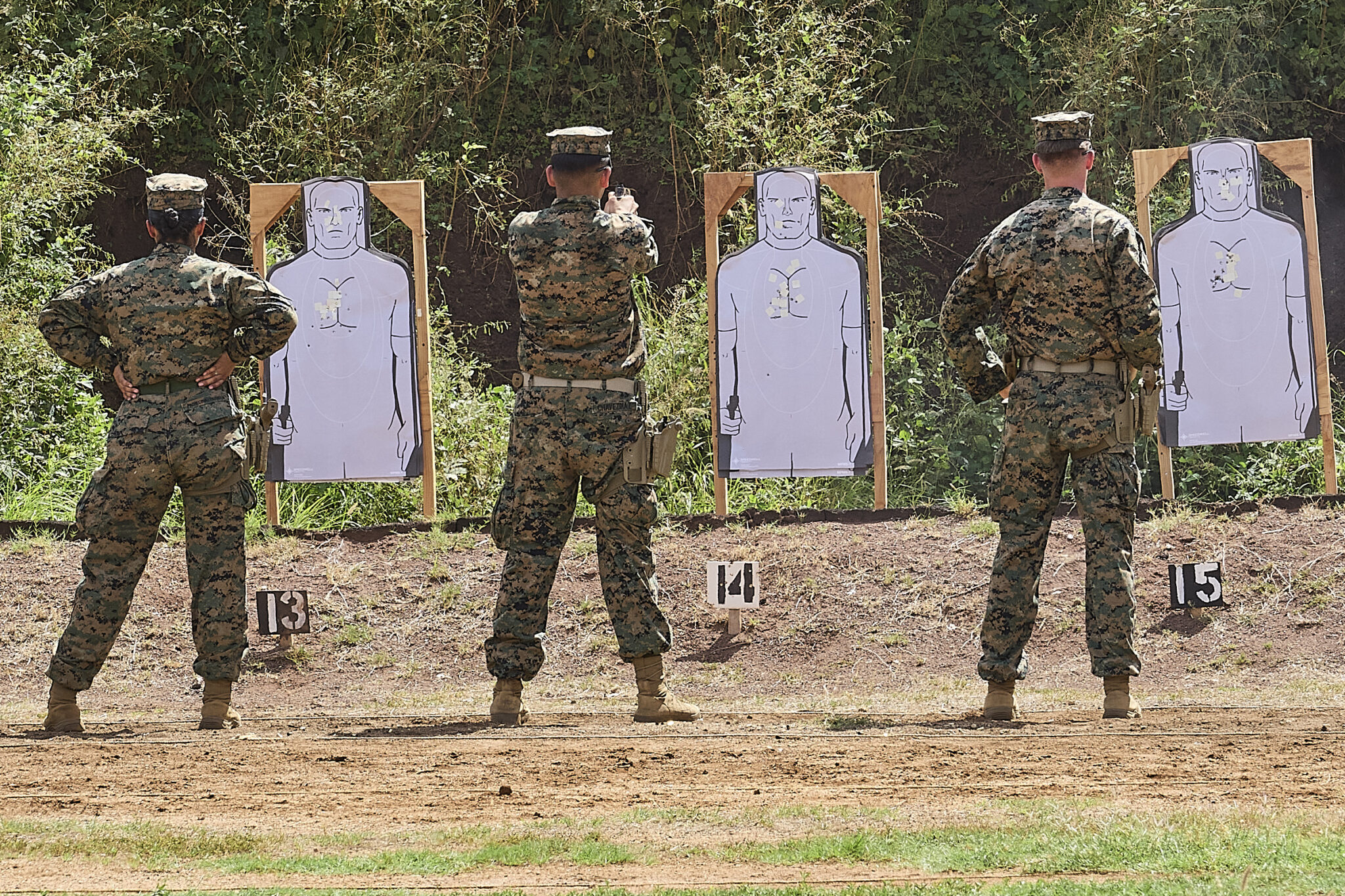 Range activity at the 3 meter target area at Marine Corps Base Hawaii Puuloa Training Facility (range). Civil Beat Reporter Christina Jedra met with MCBH leadership to discuss the impact of the range on local communities and the steps that can be initiated to render the range safe from contaminants contained in depleted hand gun and rifle rounds. (David Croxford/Civil Beat/2024)