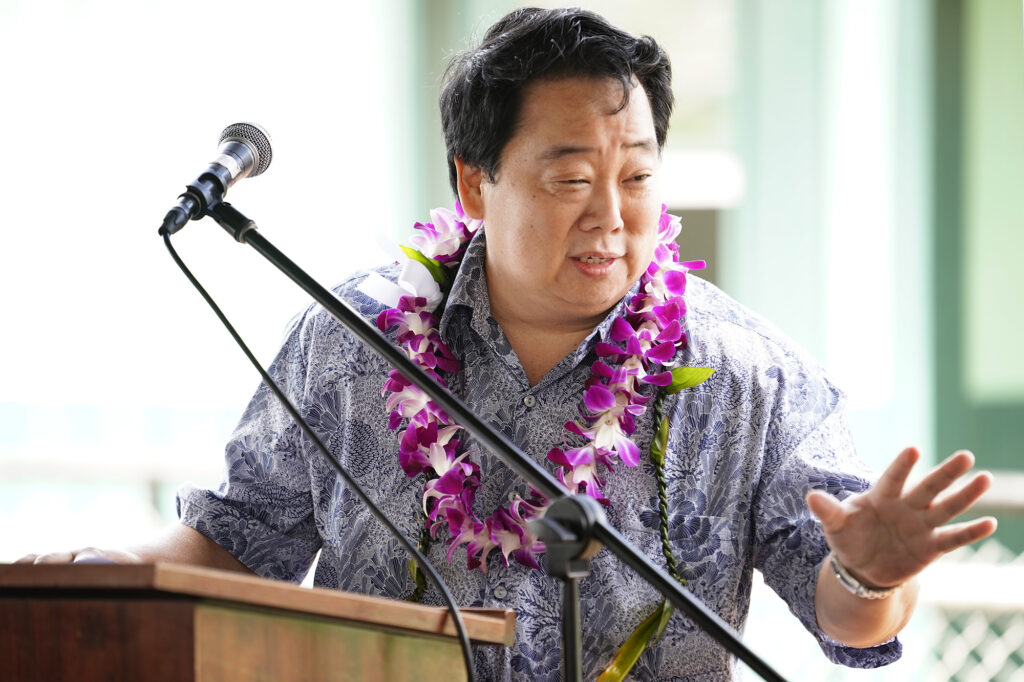 Department of Human Services (DHS) Director Ryan Yamane tells gathered legislators he won’t ask for more money at the new Waiawa Correctional Facility ‘Ohana Visit and Resource Center opening Monday, Nov. 18, 2024, in Pearl City. The center offers inmates a place to meet with family including keiki and grandchildren. (Kevin Fujii/Civil Beat/2024)