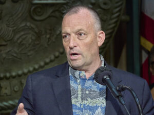Hawaii Governor Dr. Joshua Green held a press conference to talk about changes to laws that he will try to bring to the legislature this year to enforce restrictions on the purchase, selling and firing off of Aerial Fireworks.(David Croxford/Civil Beat/2025)
