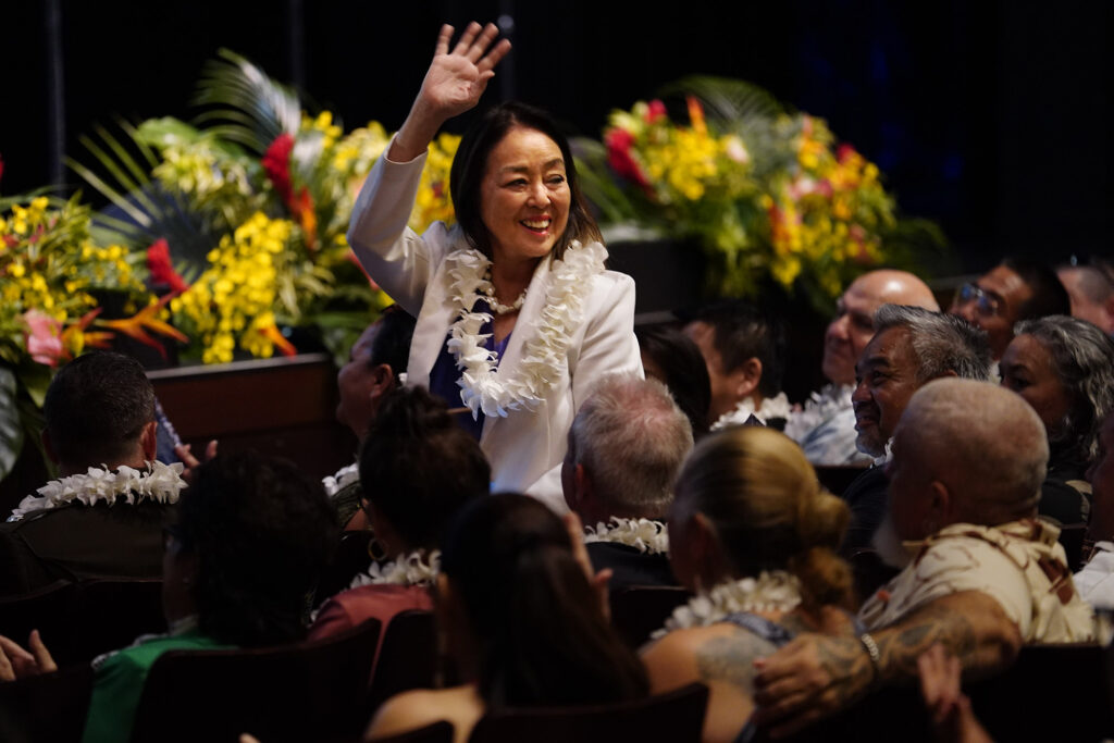 Maui Council member Yuki Lei Sugimura is recognized before Mayor Richard Bissen delivers the state of the county address Friday, March 7, 2025, in Kahului. (Kevin Fujii/Civil Beat/2025)