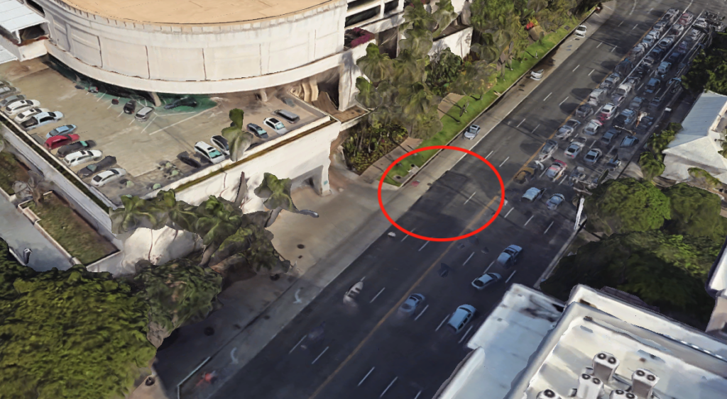 A three-dimensional overhead view with the steel road plates in the 1800 block of Kalakaua Avenue highlighted.