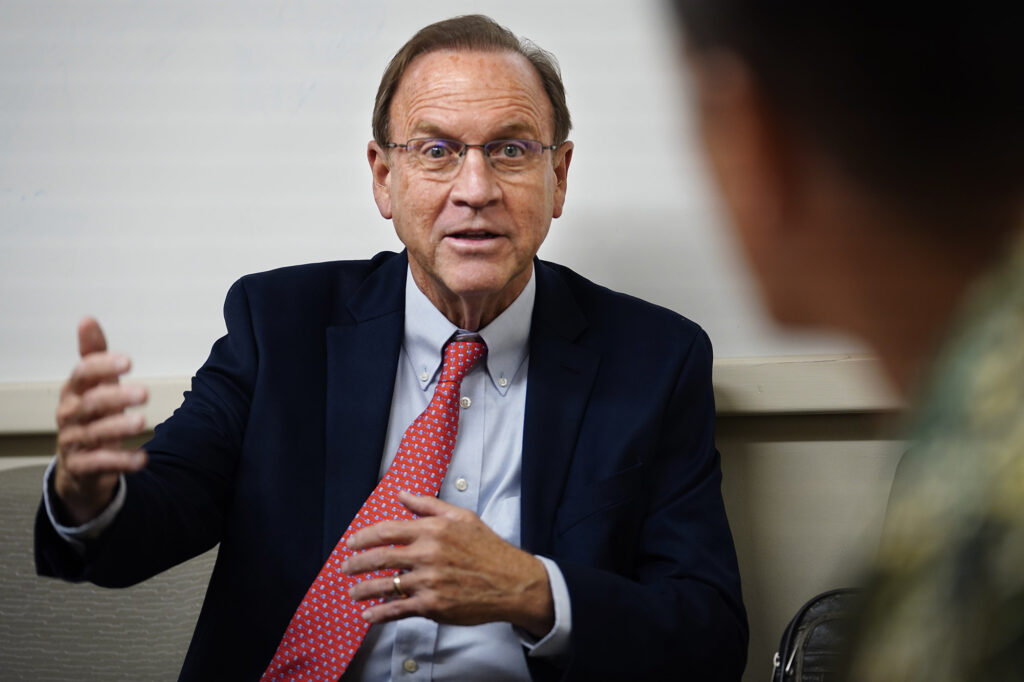 Anton Krucky, Director of Department of Community Services clarifies a question during an interview with the City and County’s new Director of Homeless Solutions Roy Miyahira, Wednesday, March 12, 2025, in Honolulu. (Kevin Fujii/Civil Beat/2025)