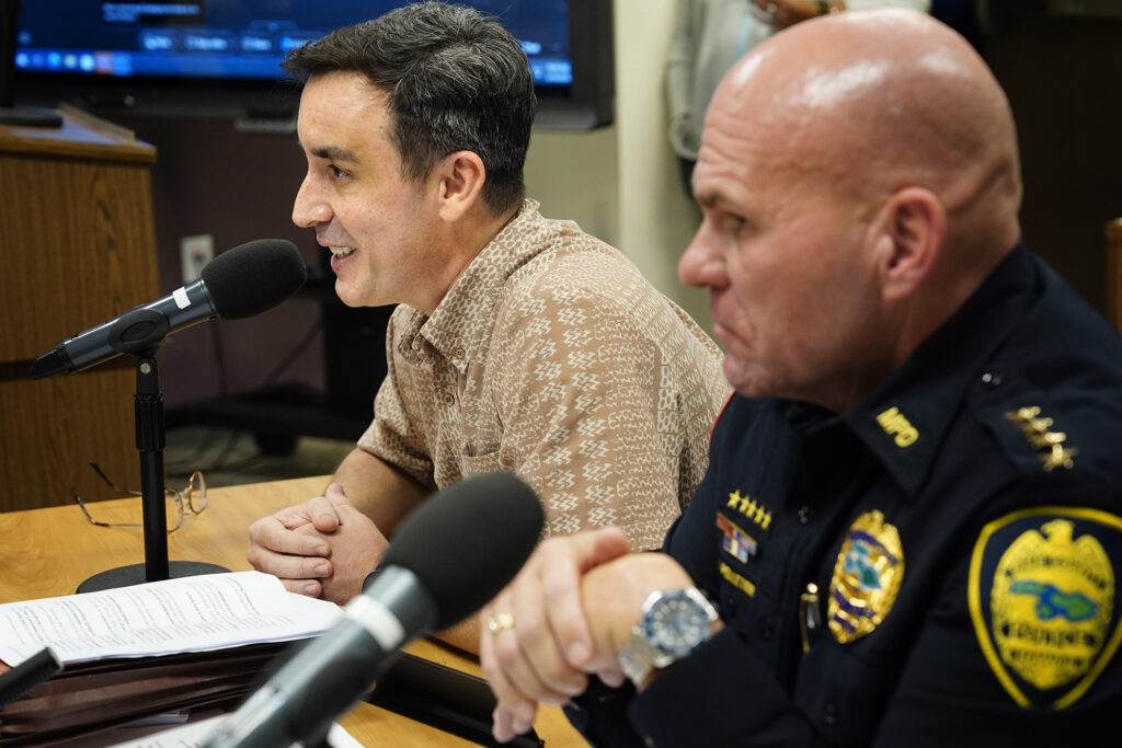 Maui Police Chief John Pelletier’s attorney Keola Whittaker addresses the Maui Police Commission Wednesday, March 19, 2025, in Kahului. The Police Commission rejected putting Chief Pelletier on administrative leave because of a civil lawsuit alleging his involvement with rapper Sean “Diddy” Combs. (Kevin Fujii/Civil Beat/2025)