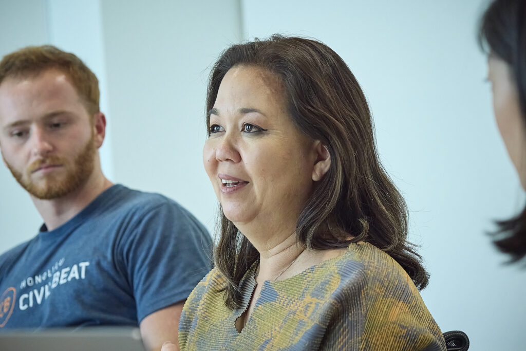 Congresswoman Jill Tokuda attended an Editorial Board Meeting at Honolulu Civil Beat headquarters in Kaimuki.  She answered questions relating to Hawaii and the present federal funding climate under the Trump administration’s DOGE cuts. (David Croxford/Civil Beat/2025)