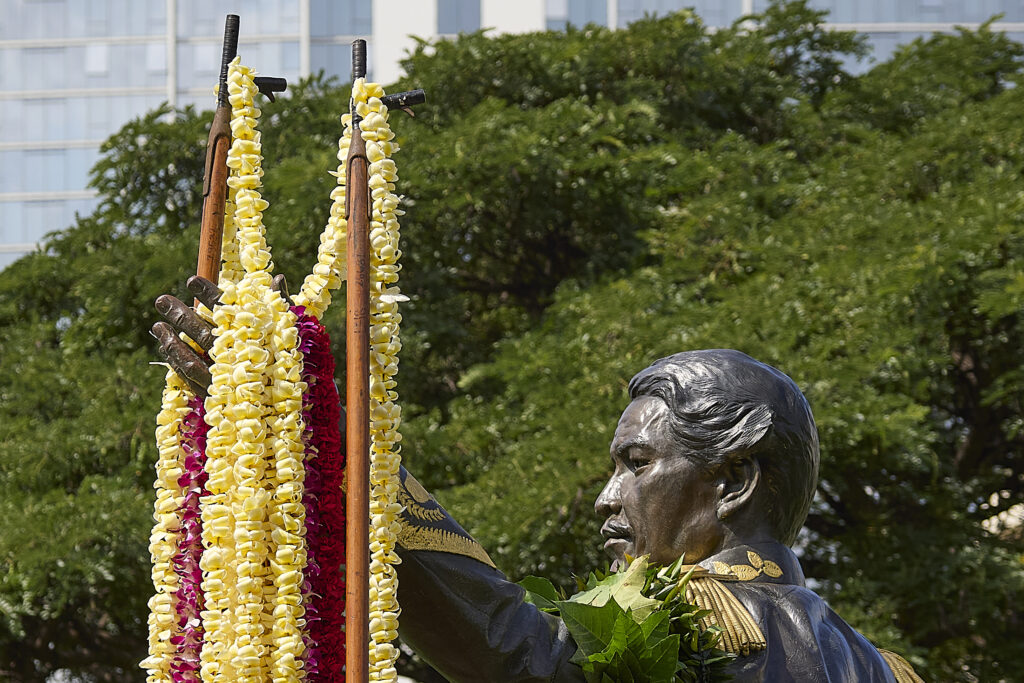 On Friday March 28th, 2025 the Mayor’s Office of Culture and the Arts honored the legacy of King Kamehameha III (Kauikeaouli) with a lei draping ceremony at the recently added statue of the monarch at Thomas Square.(David Croxford/Civil Beat/2025)