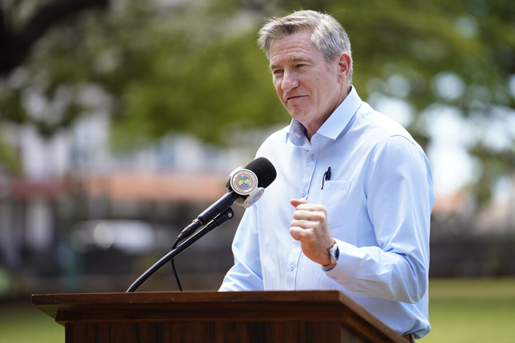 Honolulu City Council Chair Tommy Waters speaks during Mayor Rick Blangiardi’s news briefing requesting more homeless advocates Tuesday, April 15, 2025, at A’ala Park in Honolulu. (Kevin Fujii/Civil Beat/2025)