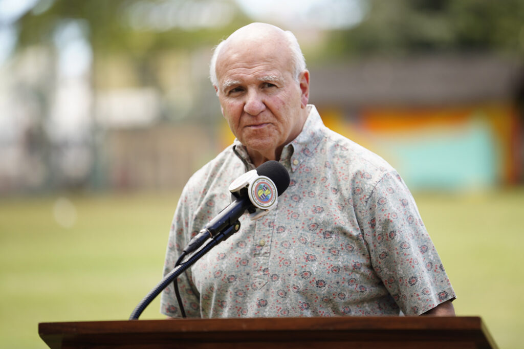 Mayor Rick Blangiardi asks for more homeless advocates Tuesday, April 15, 2025, at A’ala Park in Honolulu. (Kevin Fujii/Civil Beat/2025)