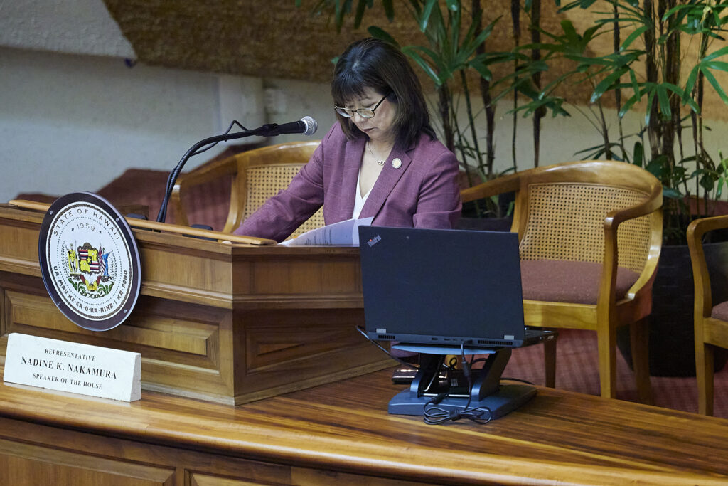 Views from both the House of Representatives and the Senate, photographed April 30th, 2025.  Discussion during the recesses and during each of the bills under discussion.Speaker of the House Nadine K. Nakamura(David Croxford/Civil Beat/2025)