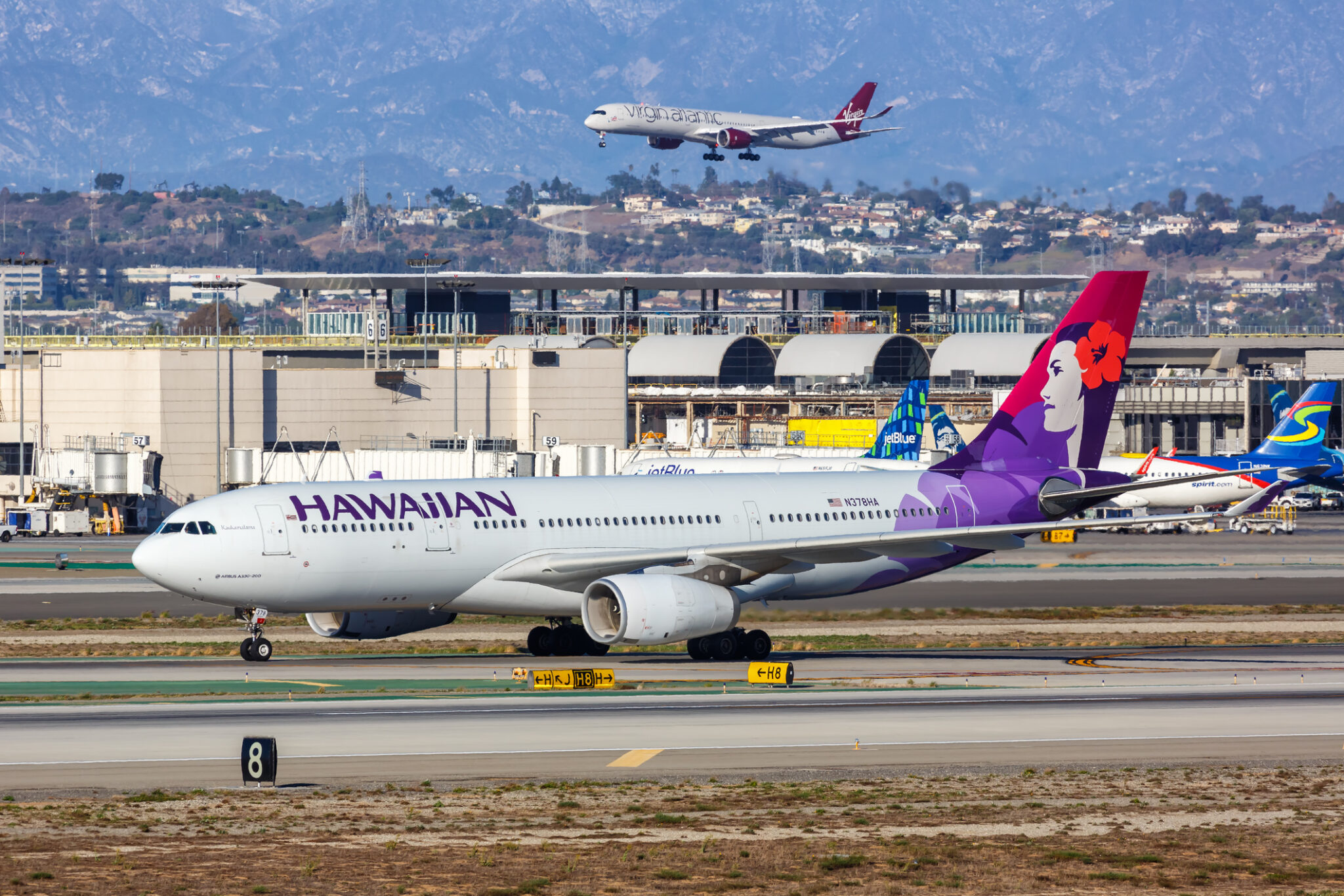 Los Angeles, United States - November 3, 2022: Hawaiian Airlines Airbus A330-200 airplane at Los Angeles airport (LAX) in the United States.
