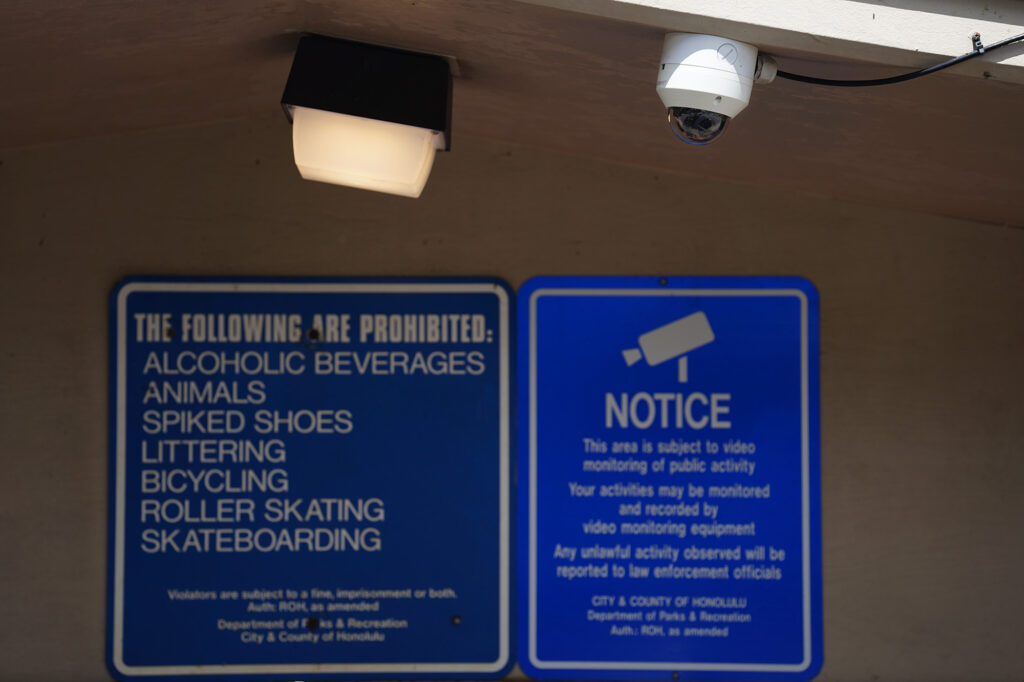 A security camera hangs over the entrance to the George F. Wright Wahiawā District Park swimming pool Friday, June 20, 2025, in Wahiawā. (Kevin Fujii/Civil Beat/2025)