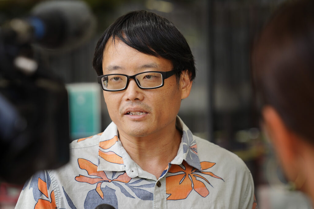 Sierra Club of Hawaiʻi’s Wayne Tanaka speaks to reporters after the Red Hill indictments of John Floyd and Nelson Wu, defendants in a criminal case, who were arraigned at the federal courthouse Friday, Sept. 5, 2025, in Honolulu. (Kevin Fujii/Civil Beat/2025)