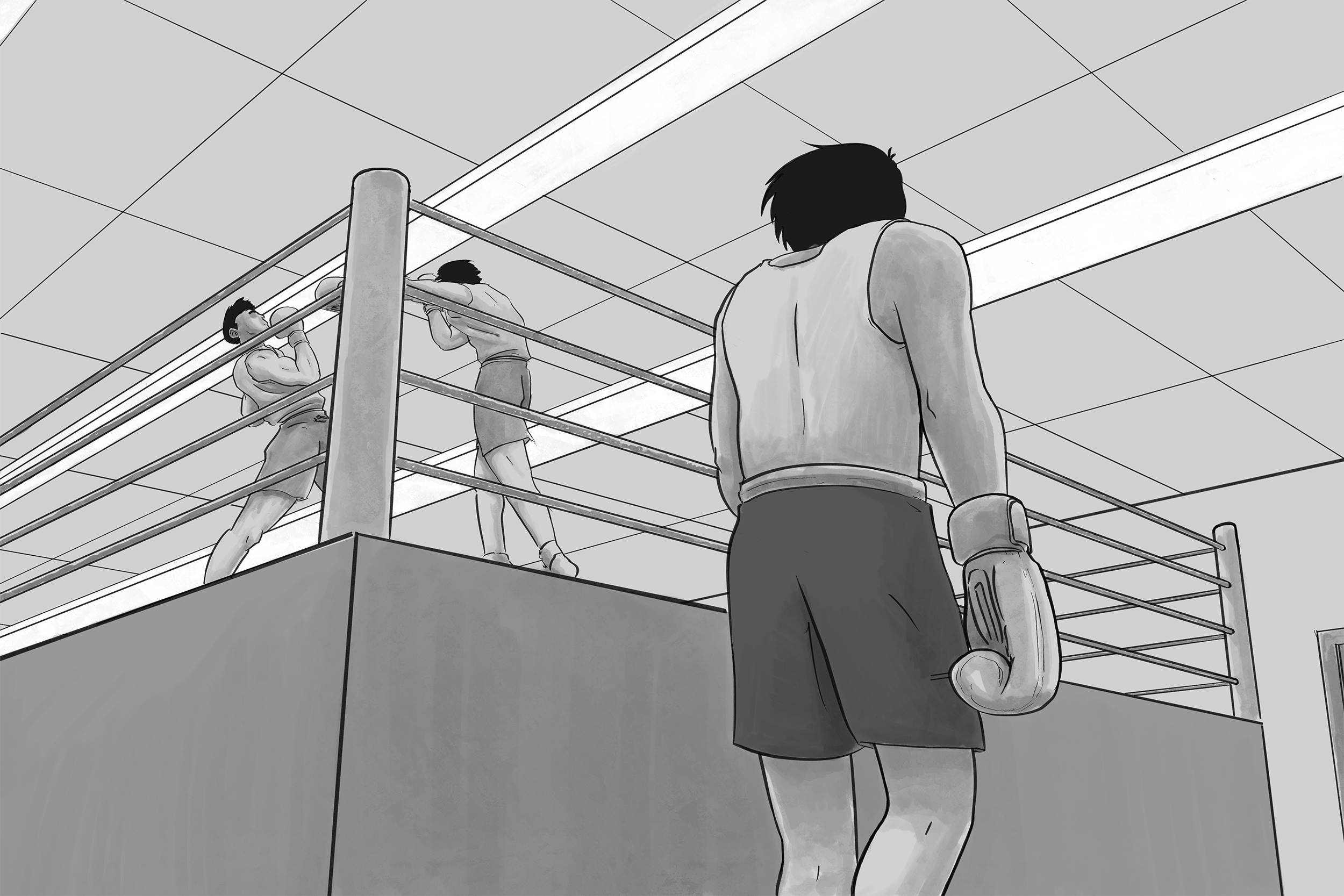 Illustrated scene depicting a young JR in a boxing gym looking up at the boxing ring where two other boys spare.