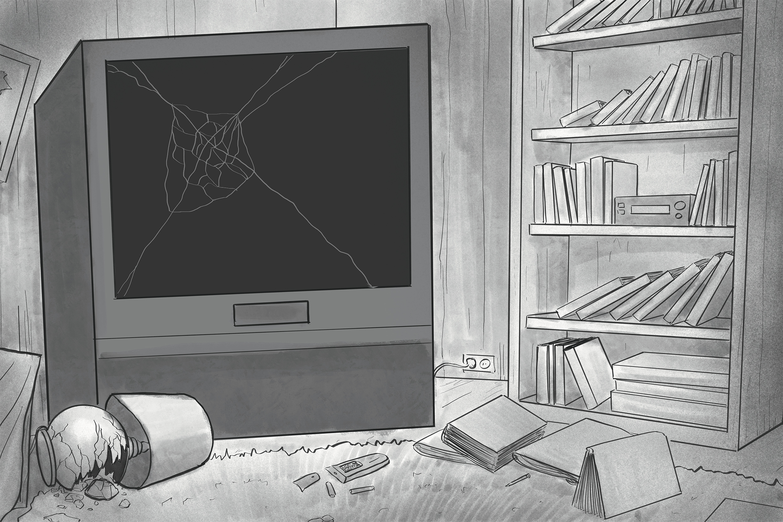 Illustrated scene depicting an unkept living area with a cracked big screen television and the ground littered with a smash lamp and a messy pile of books.