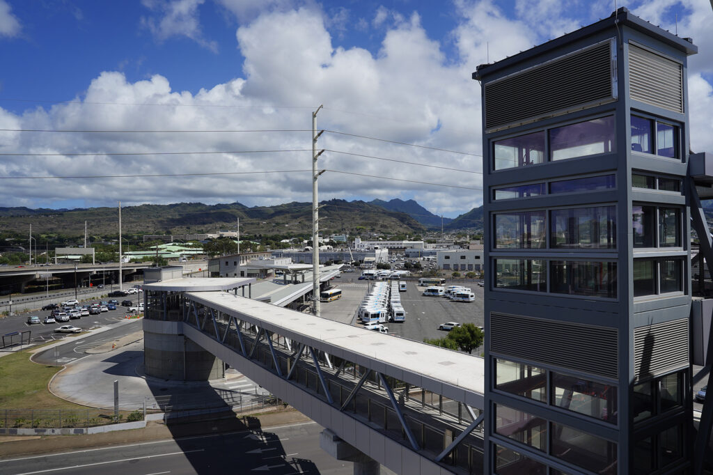 The Kamehameha Highway pedestrian overpass to the new Skyline commuter train Kahauiki station from the Middle Street Transit Center is photographed during a media preview of Section 2 Thursday, Oct. 9, 2025, in Honolulu. (Kevin Fujii/Civil Beat/2025)