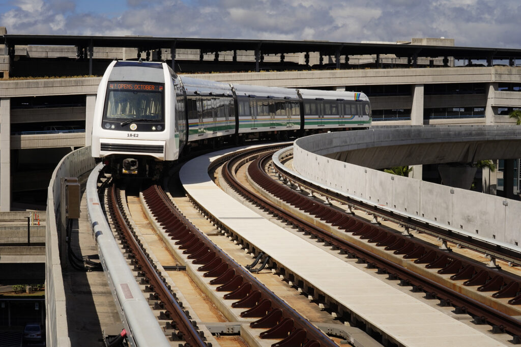 A Honolulu Authority for Rapid Transportation Skyline commuter train enters the Lelepaua - Daniel K. Inouye International Airport station along the new Section of the Skyline route Thursday, Oct. 9, 2025, in Honolulu. (Kevin Fujii/Civil Beat/2025)