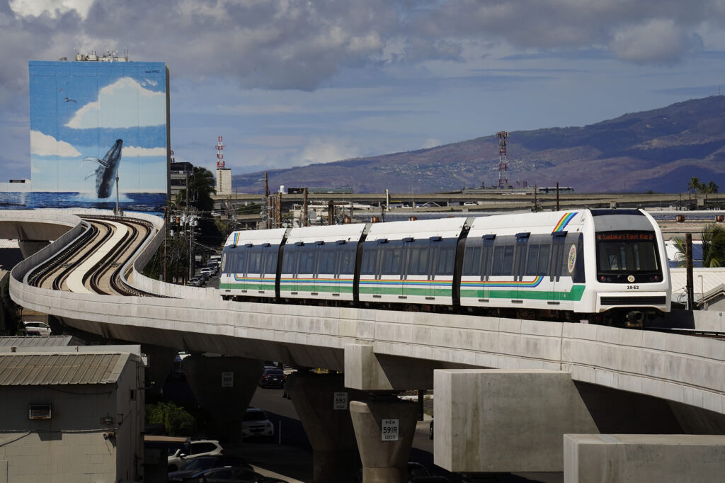 A Skyline commuter train arrives at the new Āhua - Lagoon Drive station Thursday, Oct. 9, 2025, in Honolulu. (Kevin Fujii/Civil Beat/2025)