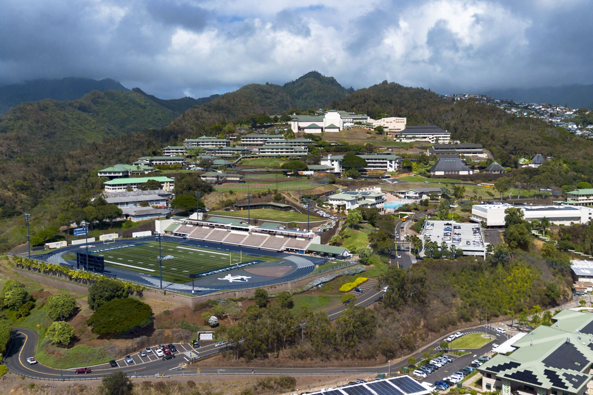 An aerial view shows the Kamehameha Schools campu in Honolulu, on Thursday, Sept. 11, 2025. (AP Photo/Mengshin Lin)
