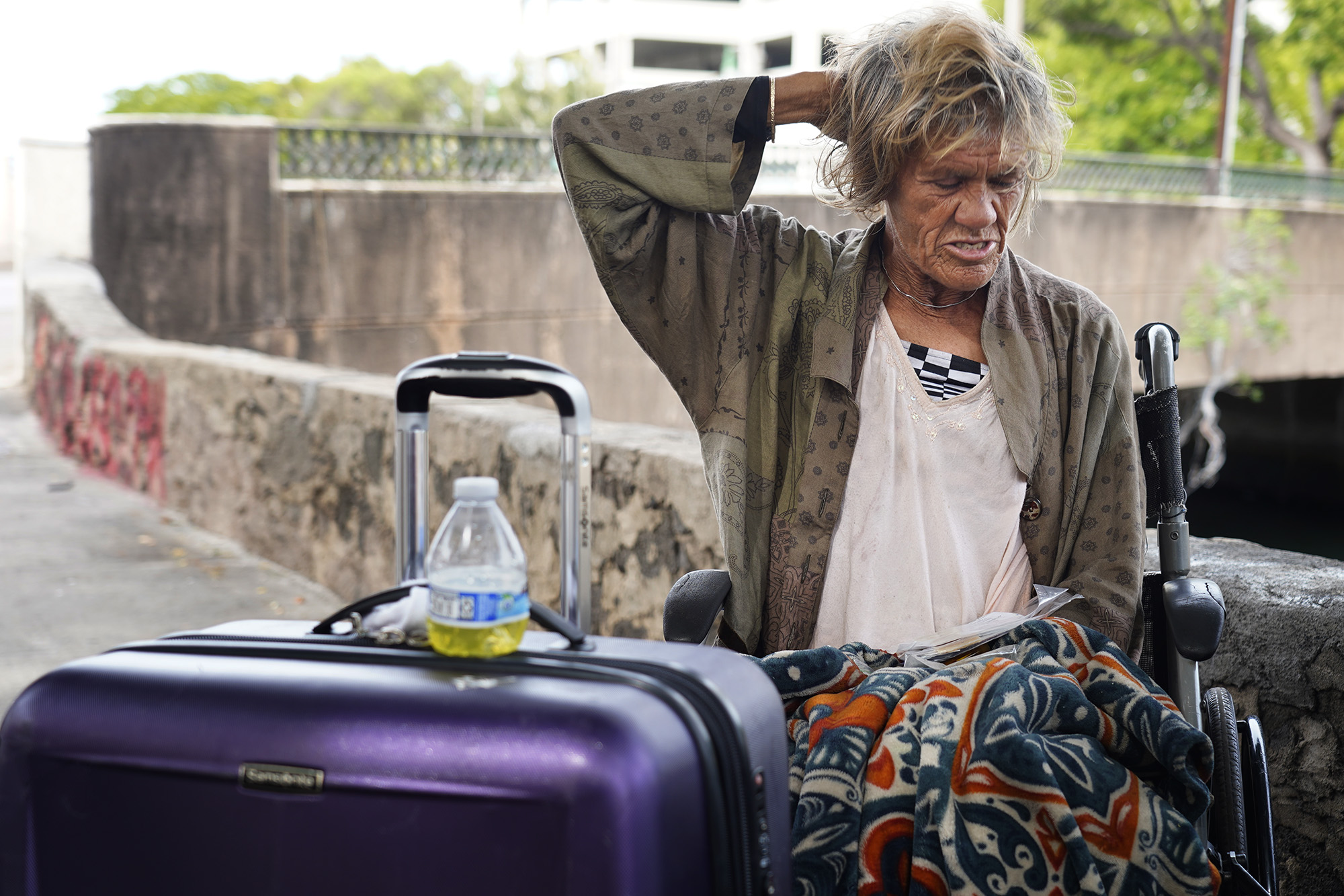 Yvonne Almond, a homeless woman staying in Chinatown, is photographed Tuesday, Nov. 4, 2025, in Honolulu. (Kevin Fujii/Civil Beat/2025)