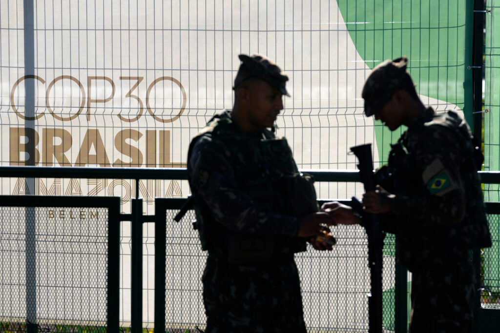 Soldiers patrol in City Park, the site of the COP30 U.N. Climate Summit, in Belem, Para state, Brazil, Tuesday, Nov. 4, 2025. (AP Photo/Eraldo Peres)