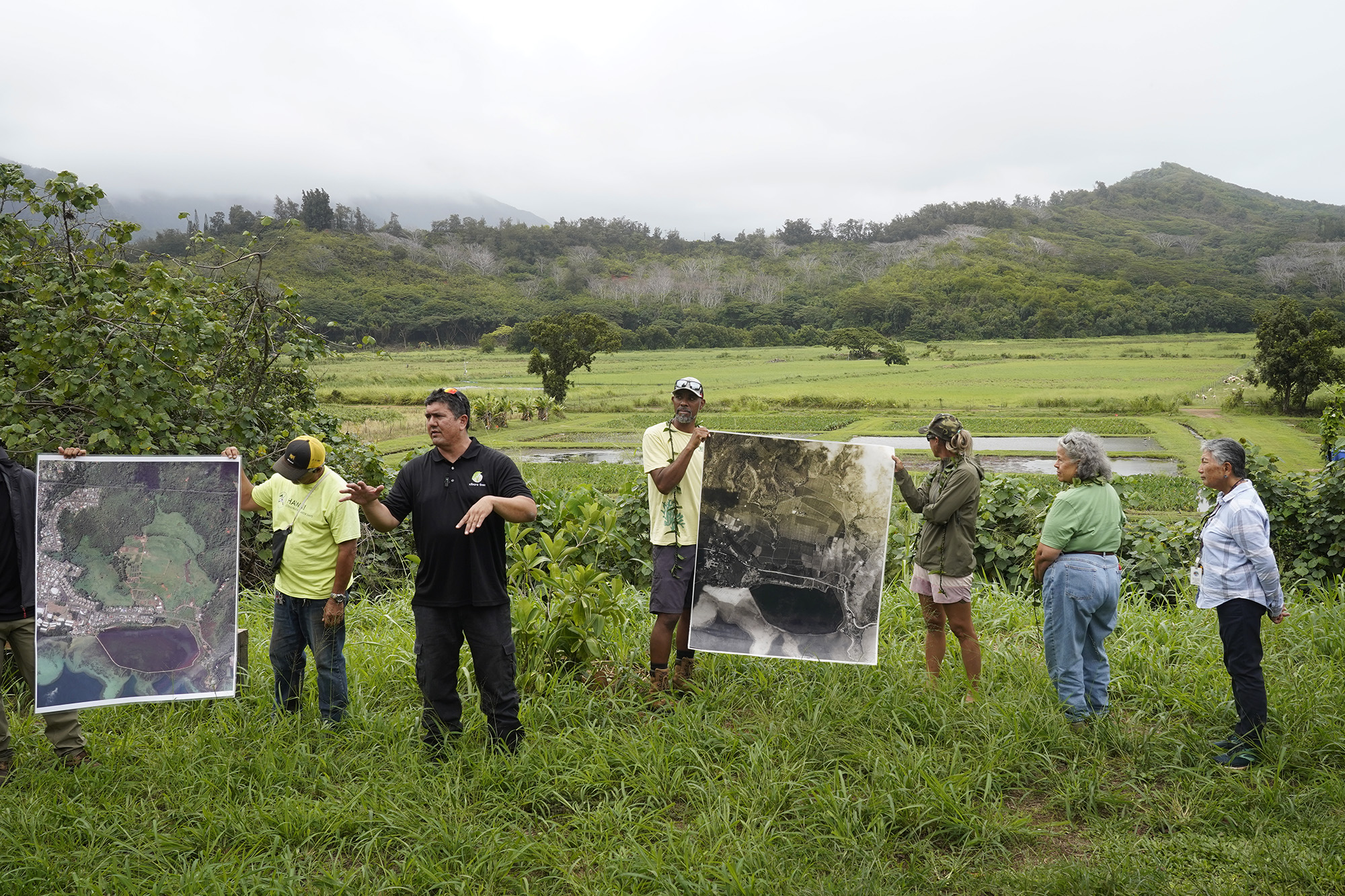 Jonathan Kanekoa Kukea-Shultz, Kākoʻo ʻŌiwi Executive Director, addresses the Department of Land and Natural Resources’ (DLNR) Commission on Water Resource Management (CWRM) and the Honolulu Board of Water Supply visit multiple windward agriculture institutions Monday, Nov. 10, 2025, in Kāneʻohe. (Kevin Fujii/Civil Beat/2025)