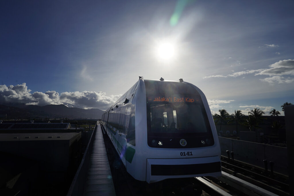 Skyline enters Āhua Station Lagoon Drive Saturday, Nov. 8, 2025, in Honolulu. (Kevin Fujii/Civil Beat/2025)