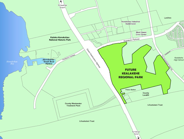 The original plan called for construction of the Kealakehe Regional Park mauka of the Queen Kaʻahumanu Highway on the slopes of Hualālai, but Mayor Kimo Alameda contends it would be too expensive to develop soccer, football and baseball fields there. Alameda hopes to develop the park makai of the highway between the county wastewater treatment plant and Honokōhau Small Boat Harbor. (Courtesy Hawaiʻi County Parks & Recreation)