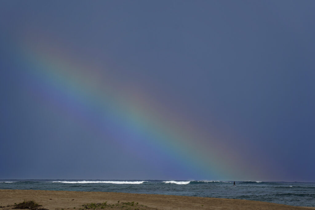 An e-foiler flies at the base of a rainbow over Hanalei Bay Wednesday, Nov. 19, 2025, in Hanalei. This is near the surf break where off-duty Kauaʻi lifeguard Chance Swanson, 33, was bitten by a shark on Nov. 5, 2025. (Kevin Fujii/Civil Beat/2025)
